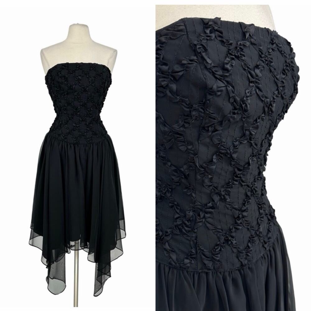 Vintage Dark Fairy Midnight Glo Strapless Corset Midi Dress S Black Chiffon